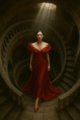 Elegant woman in a dramatic red gown standing on a spiral stone staircase, illuminated by a shaft of light from above, evoking a sense of mystery and power.