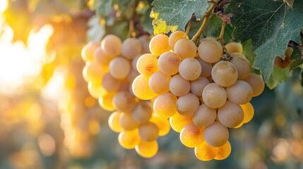 Close-up of a bunch of ripe, golden-yellow grapes on the vine.