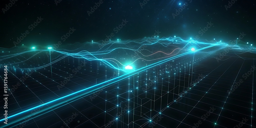 Poster abstract digital network with glowing blue lines and particles in a futuristic landscape.