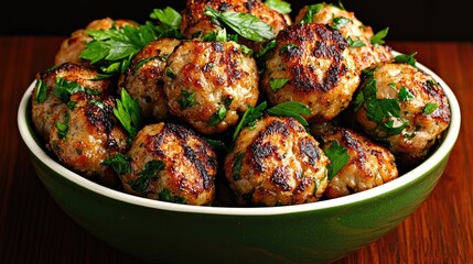 A bowl of flavorful, browned chicken meatballs topped with fresh parsley.