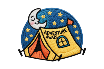 Yellow tent under starry sky with sleeping moon embroidered patch