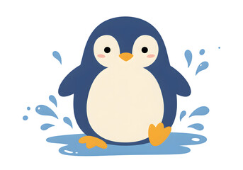 Obraz premium Adorable Cartoon Penguin Splashing in Blue Water with Blush Cheeks Isolated on PNG Background.