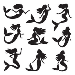 Mermaid Silhouette Icon Set with Starfish Tail and Ocean Fairy Girl Sitting on Shell – Minimal Fantasy Sea Mythology Vector Graphics