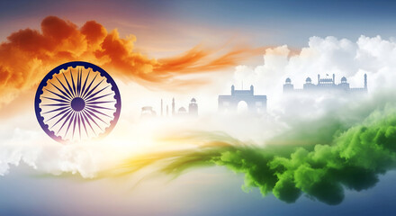 Independence day Ashoka Chakra & Indian Heritage: Saffron, White & Green Clouds with Monument Silhouettes