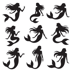Mermaid Silhouette Icon Set with Starfish Tail and Ocean Fairy Girl Sitting on Shell – Minimal Fantasy Sea Mythology Vector Graphics