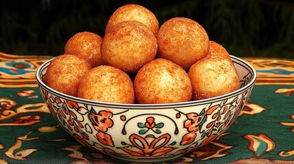 A bowl of crispy, golden-brown, round fried treats.