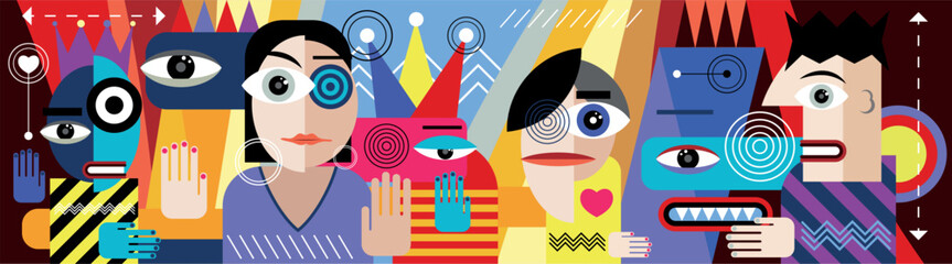 Cubism style cartoon characters - vector illustration