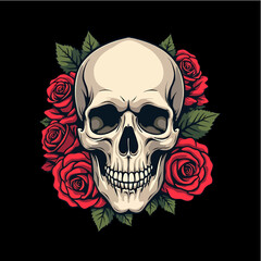 Decorative Skull with Roses – Symbol of Beauty and Mortality on Dark Background Vector

