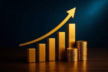 Golden Financial Growth Chart with Stacked Coins and Upward Arrow on Wooden Table, Symbolizing Wealth and Success.