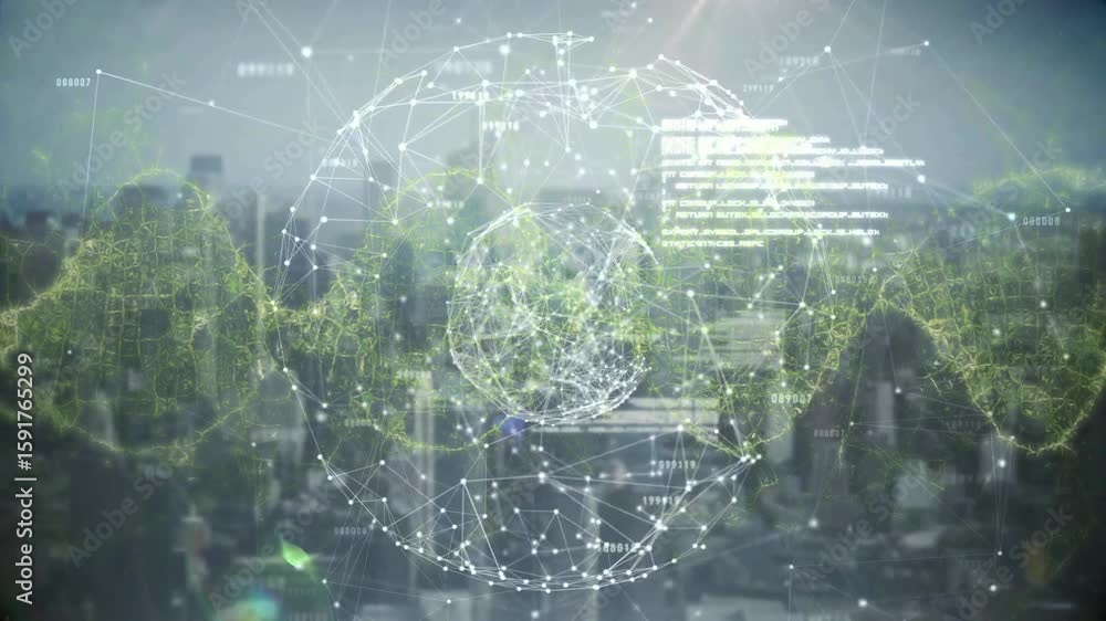 Poster Upon fading sphere pulsing nodes waveform emerging code scrolling showing data network over skyline