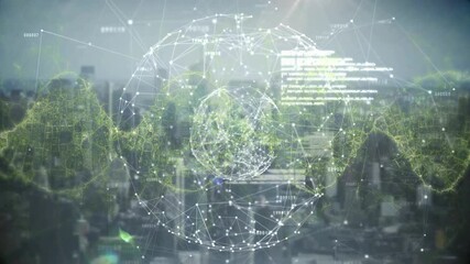 Upon fading sphere pulsing nodes waveform emerging code scrolling showing data network over skyline - Powered by Adobe