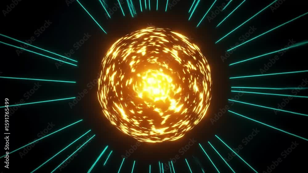 Poster radiant abstract representation of a glowing sun surrounded by dynamic light rays in a dark space