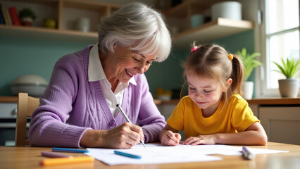 Grandmother helps the grandson (granddaughter) with homework in mathematics on paper
