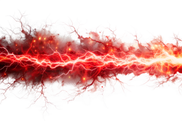 A powerful red lightning bolt, isolated on transparent background, showcasing the raw energy and intensity of natures force