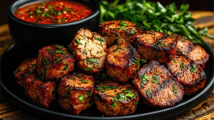 Grilled tempeh bites with a spicy tomato sauce.