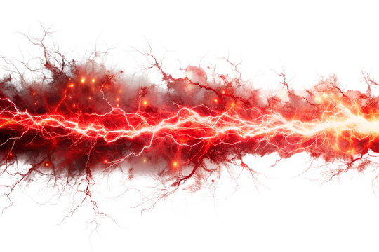 A powerful red lightning bolt, isolated on transparent background, showcasing the raw energy and intensity of natures force