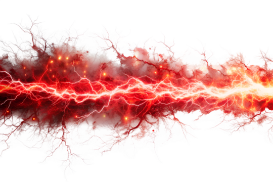 A powerful red lightning bolt, isolated on transparent background, showcasing the raw energy and intensity of natures force