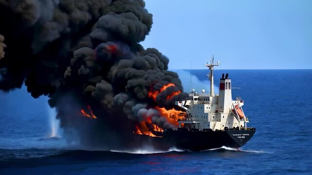  Ship on Fire in Ocean, with thick Smoke, showing Maritime Disaster, Emergency, Accident impact. Maritime Disaster concept. Dynamic 4K video footage