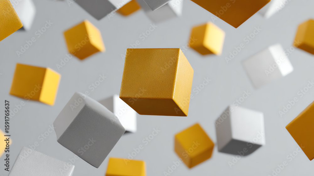 Poster a design featuring floating yellow and white cubes against a minimalistic background, perfect for mo