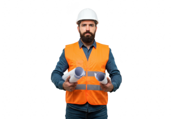 A bearded man wearing a hard hat and safety vest holds blueprints isolated on transparent background