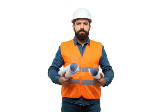 A bearded man wearing a hard hat and safety vest holds blueprints isolated on transparent background