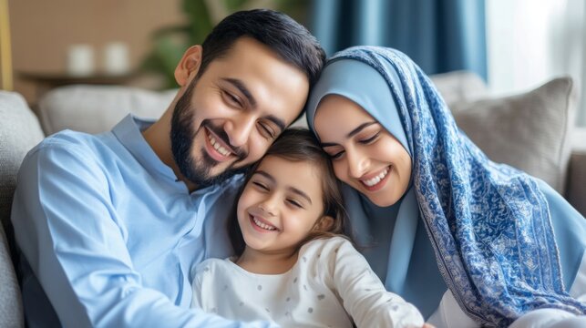 A joyful family of three, including a man, woman in a hijab, and a young girl, sharing a loving moment indoors on a couch.