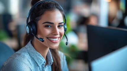 A smiling woman wearing a headset works at a computer in a modern office environment.