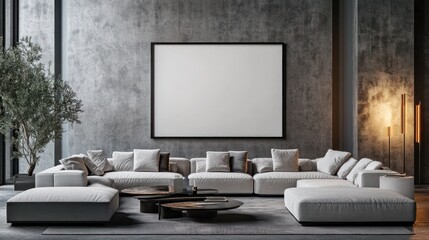 Modern living room interior with a large blank canvas.