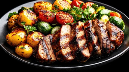 Grilled pork tenderloin with roasted vegetables and potatoes.