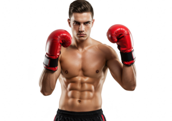 A muscular boxer with red gloves stands ready for a fight, isolated on transparent background