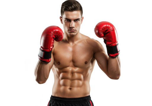 A muscular boxer with red gloves stands ready for a fight, isolated on transparent background