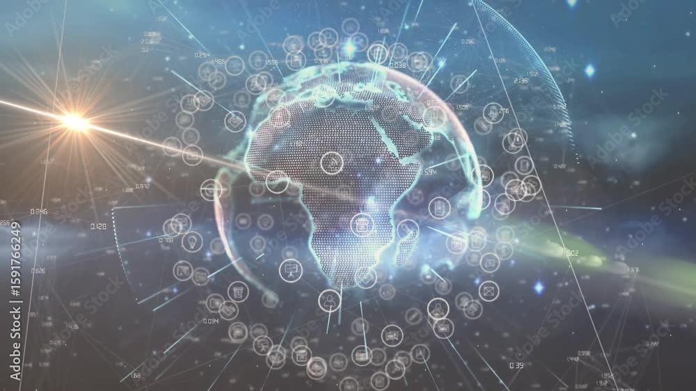 Poster emerging globe driving data growth, rotating with icons appearing and lines extending showing flow