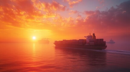 Obraz premium Container ship sailing at sunset, escorted by two tugboats on calm ocean.