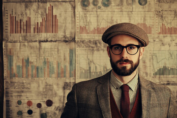 Confident businessperson in retro outfit standing near vintage data charts and statistics infographics, generative ai