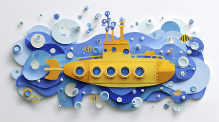 Yellow submarine with portholes in paper cut style surrounded by blue waves and small fish, creating fun and playful underwater scene