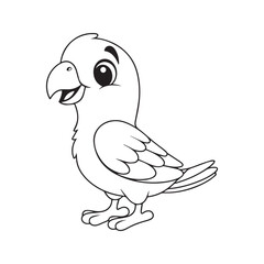 Cute parrot coloring page for kids. Adorable cartoon tropical bird line art illustration. Black and white outline for children's activity book.