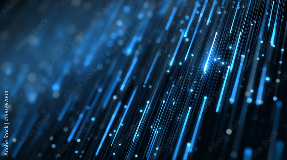Poster a mesmerizing display of blue light rays extending downwards, creating a futuristic and dynamic visu