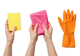 Hands hold cleaning supplies a yellow sponge, a pink microfiber cloth, and an orange rubber glove isolated on transparent background