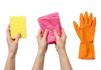Hands hold cleaning supplies a yellow sponge, a pink microfiber cloth, and an orange rubber glove isolated on transparent background
