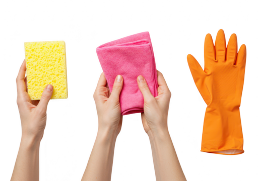 Hands hold cleaning supplies a yellow sponge, a pink microfiber cloth, and an orange rubber glove isolated on transparent background