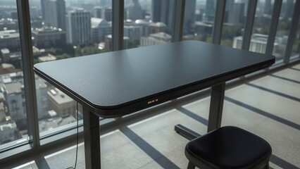 Minimalist standing height workstation with integrated power hub and wireless charging pad set beside floor to ceiling glass window
