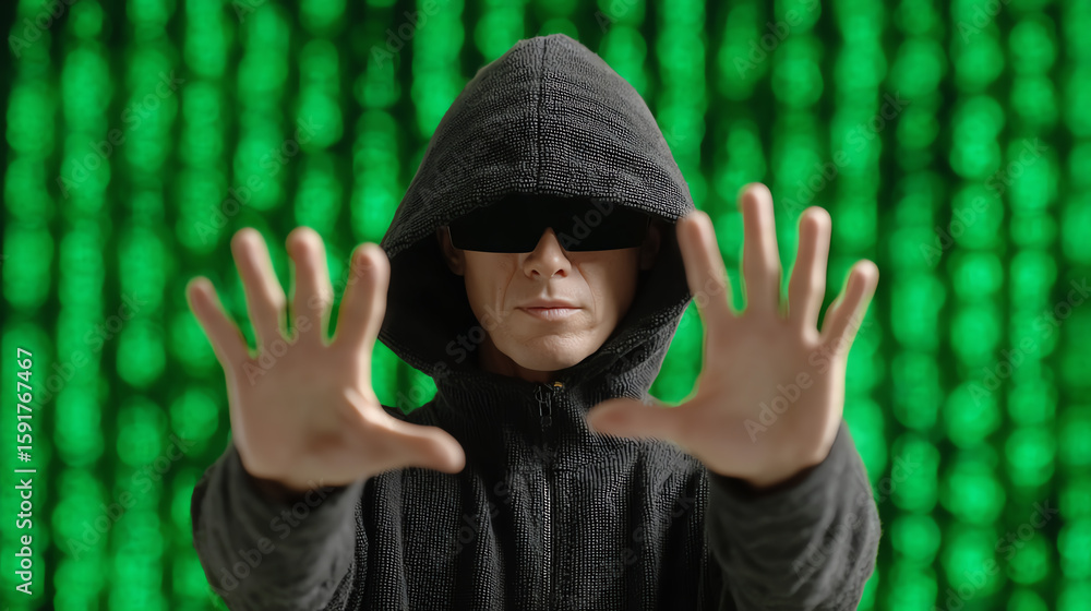 Poster a person in a hoodie gestures toward the viewer against a backdrop of green binary code, symbolizing