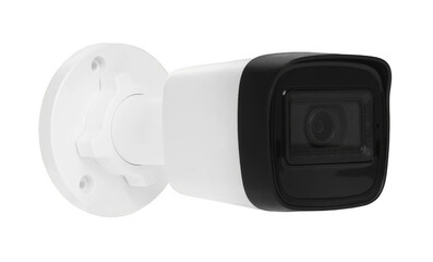 Modern outdoor security camera with wall mount in black and white design isolated on transparent background