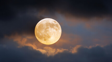 A serene full moon illuminated against a backdrop of dark clouds, creating a mystical and captivating night sky ambiance.