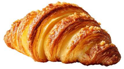 A golden, flaky croissant with a crisp, layered texture and a slightly crumbly topping.