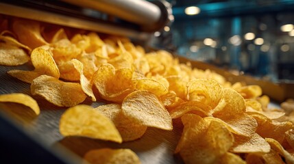 Golden potato chips move along a conveyor belt in a modern snack food production line.