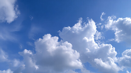 Obraz premium A serene view of fluffy clouds drifting across a bright blue sky, perfect for nature-themed projects and serene backgrounds.