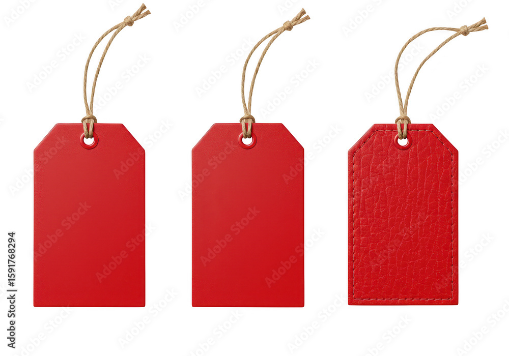 Poster three blank red tags with strings, one with a leather texture, isolated on a transparent background