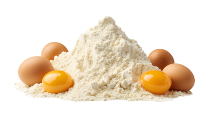 A heap of wheat flour with eggs isolated on a white background