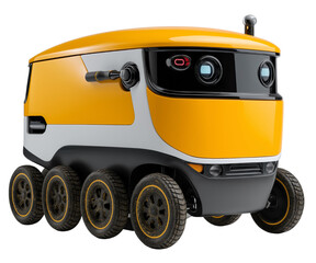 Futuristic Delivery Robot with Bright Yellow Design and Six Wheels